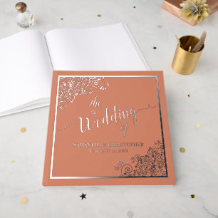 Elegant Calligraphy Coral & Silver Foil Wedding Guest Book