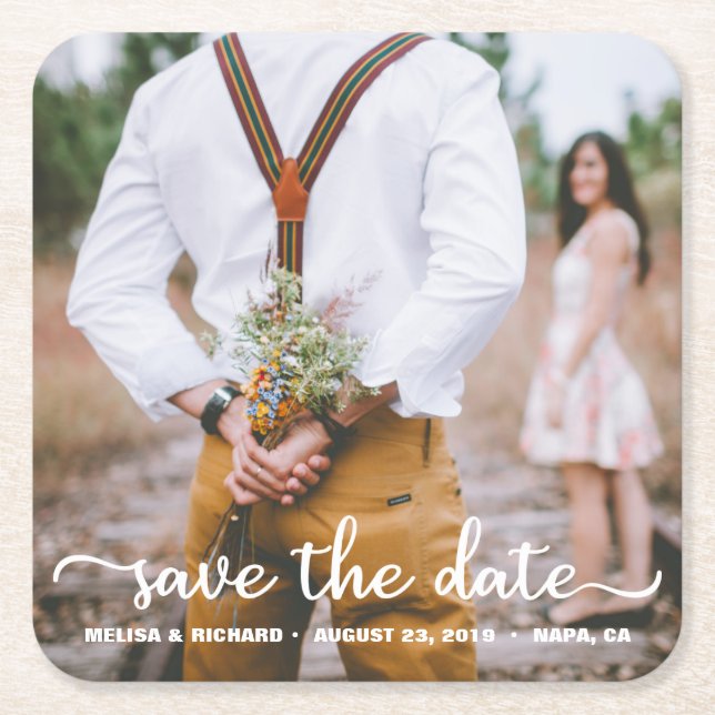 Elegant Calligraphy Couple Photo Save The Date Square Paper Coaster (Front)