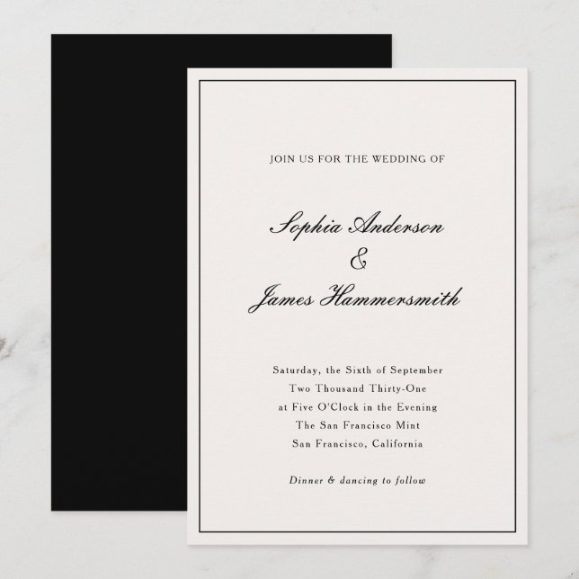 Elegant Calligraphy Cream White Black Wedding Invitation (Front/Back)