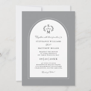 Elegant Calligraphy Crest Arch Wedding Grey White Invitation
