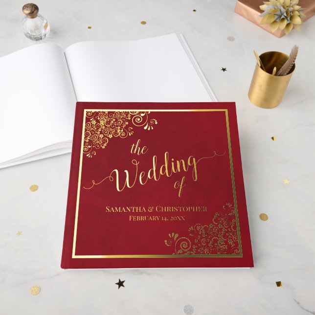 Elegant Calligraphy Crimson Red Gold Foil Wedding Guest Book (Front Open)