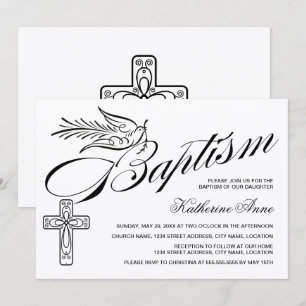 Elegant Calligraphy Cross and Dove Baptism Invitation