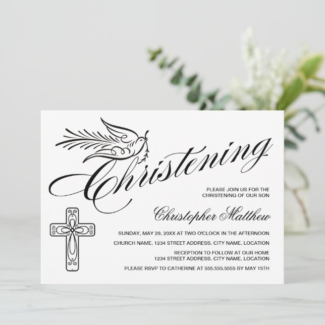 Elegant Calligraphy Cross and Dove Christening Invitation (Standing Front)