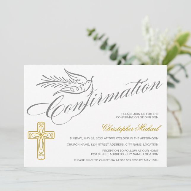 Elegant Calligraphy Cross and Dove Confirmation Invitation (Standing Front)