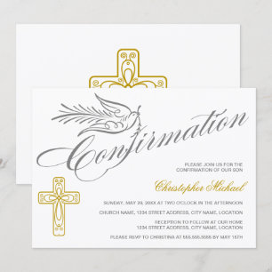Elegant Calligraphy Cross and Dove Confirmation Invitation