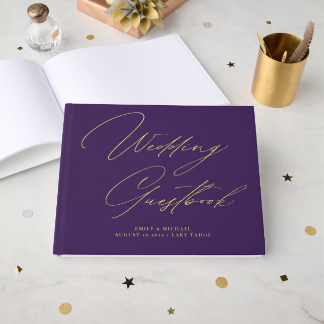 Elegant Calligraphy Dark Purple Gold Foil Wedding  Guest Book (Front Open)