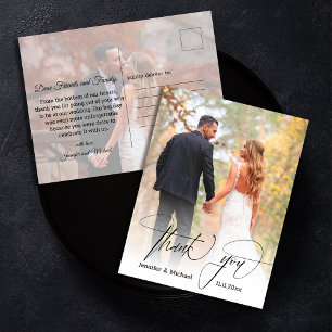Elegant Calligraphy Double Photo Wedding Thank You Postcard