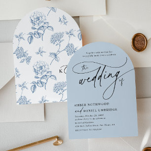 Elegant Calligraphy Dusty Blue Arch Wedding Invitation