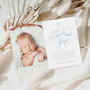 Elegant Calligraphy Dusty Blue Boys Photo Baptism Thank You Card