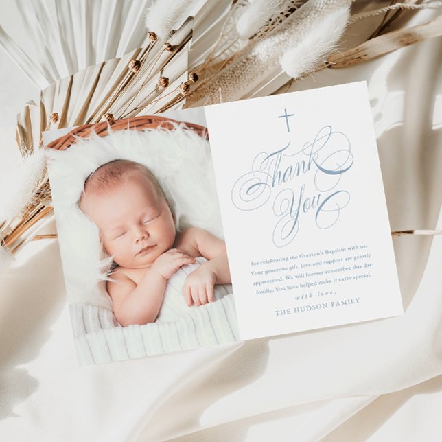 Elegant Calligraphy Dusty Blue Boys Photo Baptism Thank You Card (Elegant calligraphy boys photo baptism thank you card.)