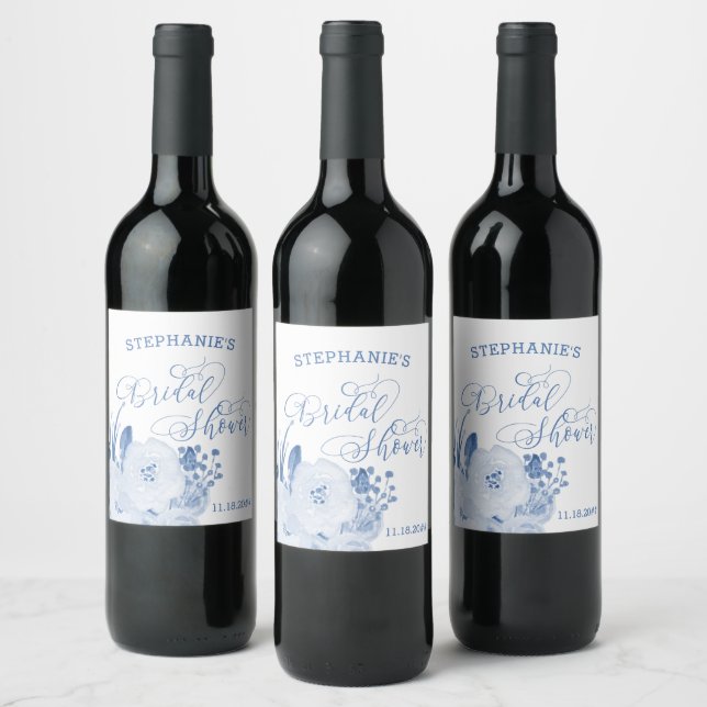 Elegant Calligraphy Dusty Blue Bridal Shower Wine Label (Bottles)