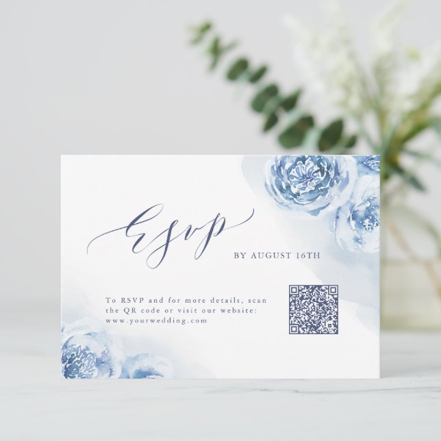 Elegant calligraphy dusty blue floral QR code RSVP Card (Standing Front)