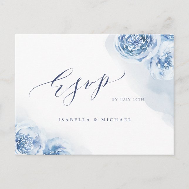 Elegant calligraphy dusty blue floral RSVP Invitation Postcard (Front)