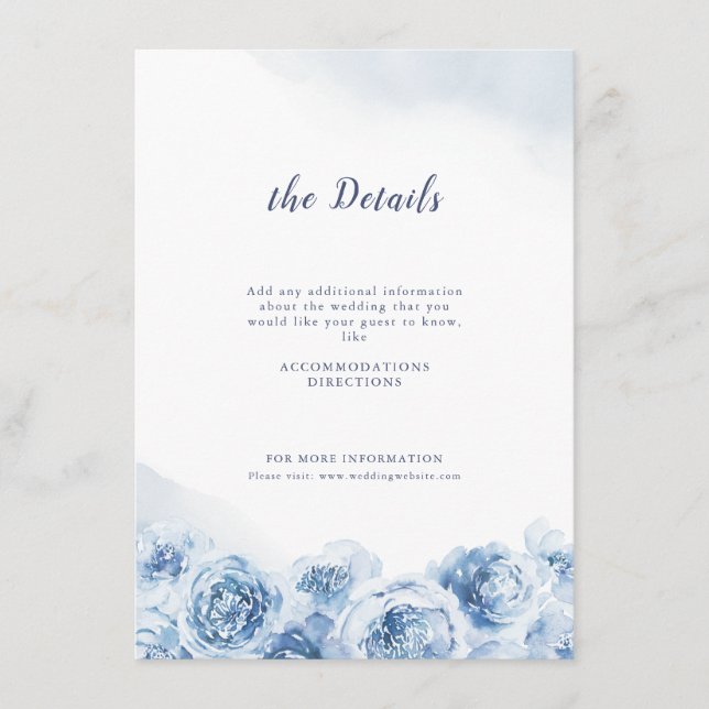 Elegant calligraphy dusty blue floral wedding enclosure card (Front)