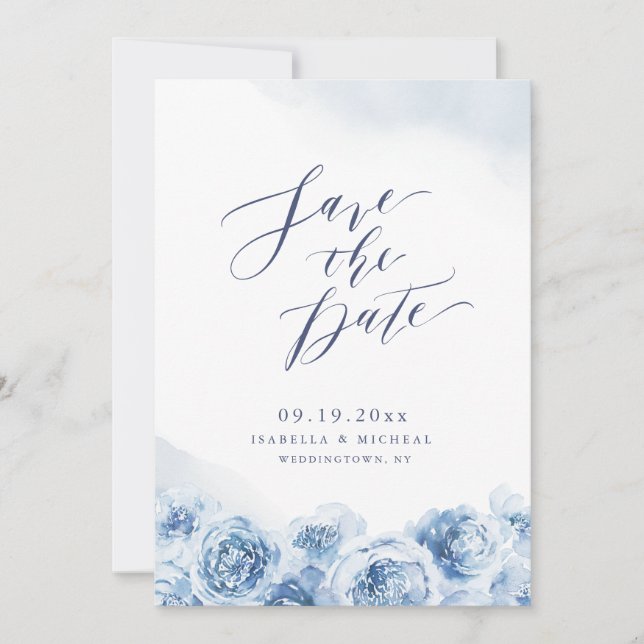 Elegant calligraphy dusty blue floral wedding save the date (Front)