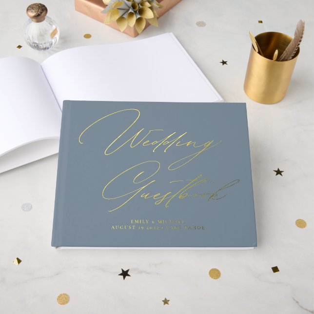 Elegant Calligraphy Dusty Blue Gold Foil Wedding  Guest Book (Front Open)