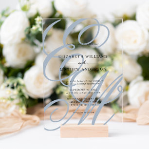 Elegant Calligraphy Dusty Blue Monogram Wedding Acrylic Invitations