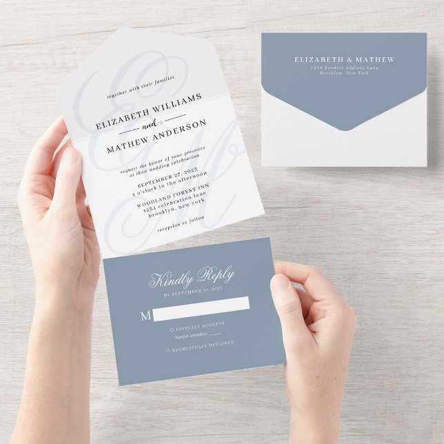 Elegant Calligraphy Dusty Blue Monogram Wedding All In One Invitation (Creator Uploaded)