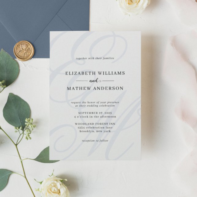 Elegant Calligraphy Dusty Blue Monogram Wedding Invitation (Creator Uploaded)