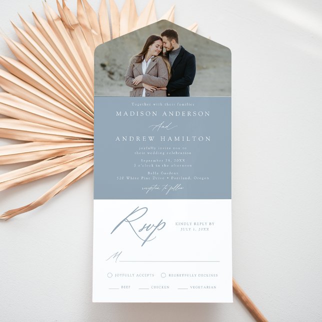 Elegant Calligraphy Dusty Blue Photo Wedding All In One Invitation (Creator Uploaded)