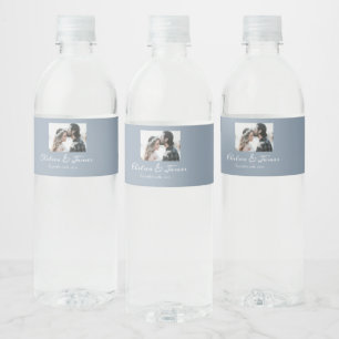 Elegant Calligraphy Dusty Blue Photo Wedding Party Water Bottle Label