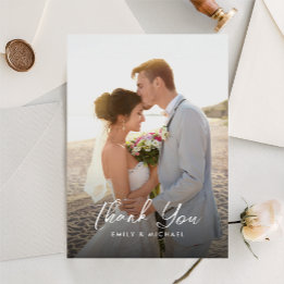 Elegant Calligraphy Dusty Blue Photo Wedding  Thank You Card