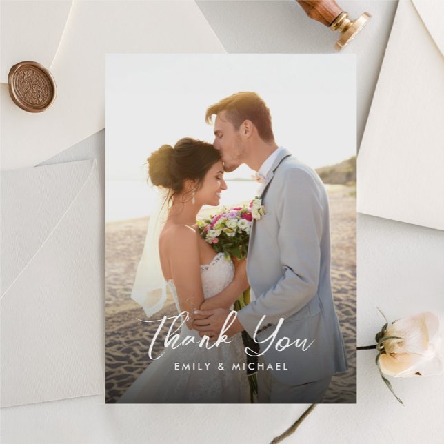 Elegant Calligraphy Dusty Blue Photo Wedding  Thank You Card (Elegant photo thank you card with white calligraphy script)