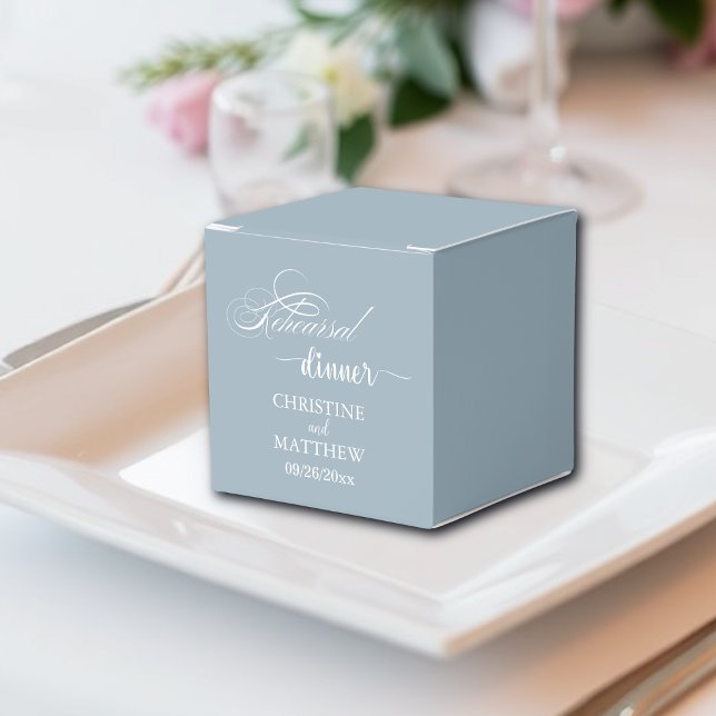 Elegant Calligraphy Dusty Blue Rehearsal Dinner Favour Box (Creator Uploaded)