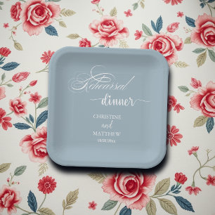 Elegant Calligraphy Dusty Blue Rehearsal Dinner Paper Plate