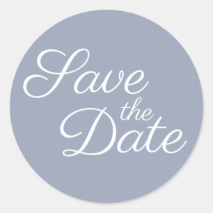 Elegant Calligraphy Dusty Blue Save the Date Classic Round Sticker