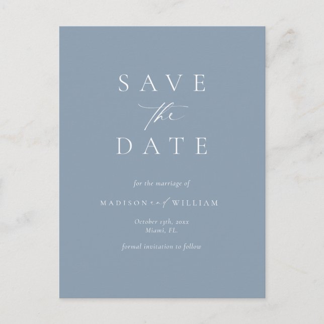 Elegant Calligraphy Dusty Blue Save The Date Postcard (Front)