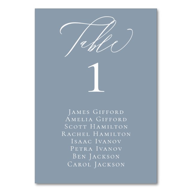 Elegant Calligraphy Dusty Blue Seating Table Card (Front)