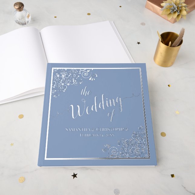 Elegant Calligraphy Dusty Blue Silver Foil Wedding Guest Book (Front Open)