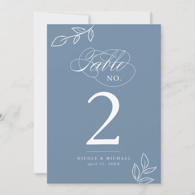 Elegant Calligraphy Dusty Blue Table Number (Front)