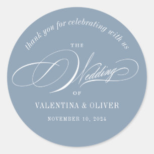 Elegant Calligraphy Dusty Blue Wedding Classic Round Sticker