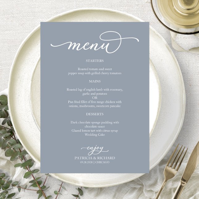 Elegant Calligraphy Dusty Blue Wedding Menu (Creator Uploaded)