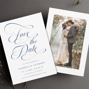 Elegant Calligraphy Dusty Blue Wedding Photo Save The Date