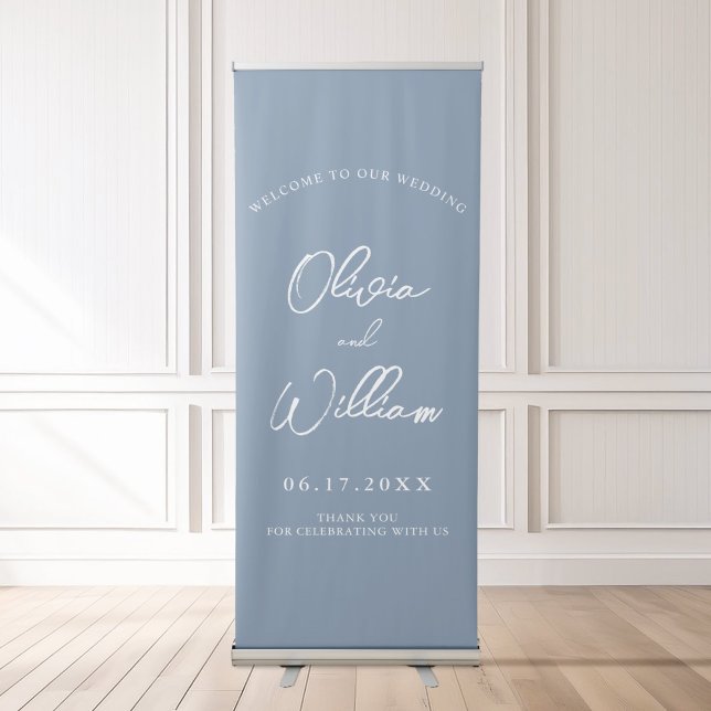Elegant Calligraphy Dusty Blue Wedding Welcome Retractable Banner (Creator Uploaded)