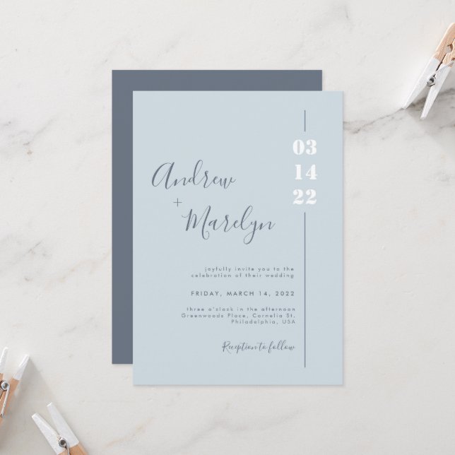 Elegant Calligraphy Dusty Blue White Grey Wedding Invitation (Front/Back In Situ)