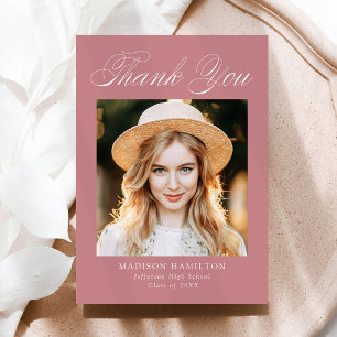 Elegant Calligraphy Dusty Rose Photo Graduation Thank You Card