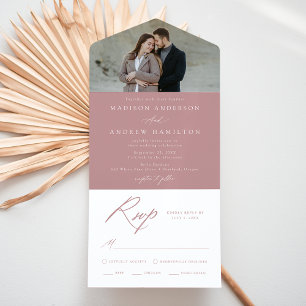 Elegant Calligraphy Dusty Rose Photo Wedding All In One Invitation