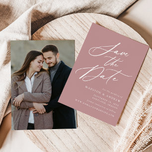 Elegant Calligraphy Dusty Rose Photo Wedding Save The Date