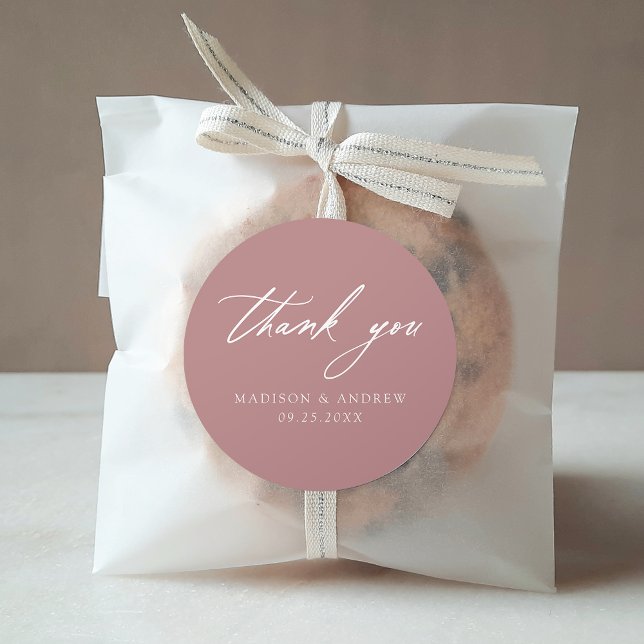 Elegant Calligraphy Dusty Rose Wedding Thank You Classic Round Sticker (Creator Uploaded)
