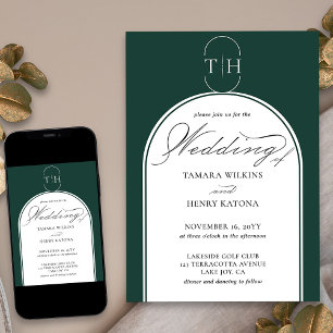 Elegant Calligraphy Emerald Green Monogram Wedding Invitation