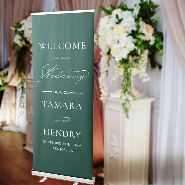 Elegant Calligraphy Emerald Green Wedding Welcome Retractable Banner (Creator Uploaded)
