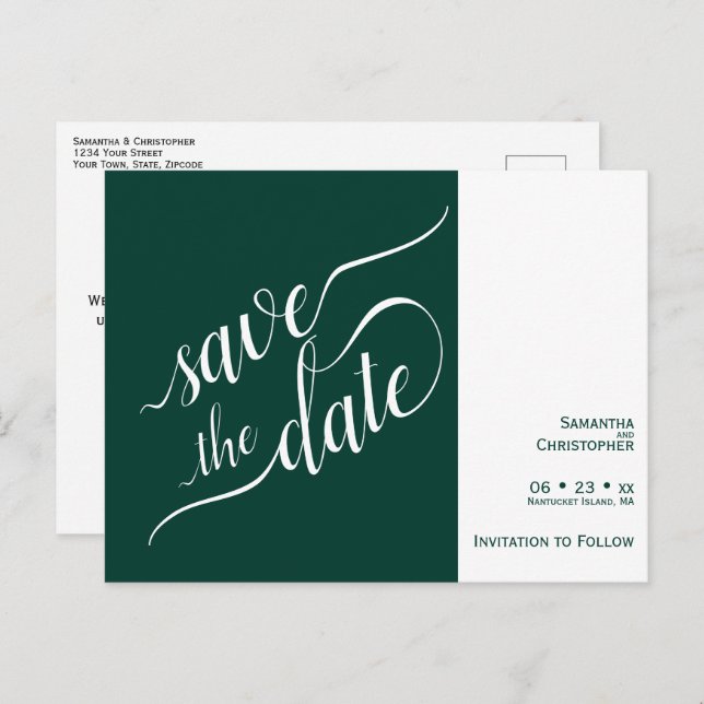 Elegant Calligraphy Emerald Wedding Save the Date Announcement Postcard (Front/Back)
