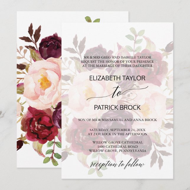 Elegant Calligraphy | Faded Floral Formal Wedding Invitation (Front/Back)