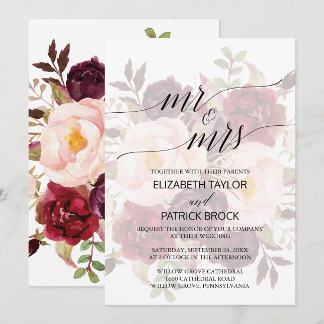 Elegant Calligraphy Faded Floral Mr & Mrs Wedding Invitation (Front/Back)