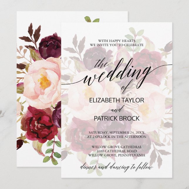 Elegant Calligraphy | Faded Floral Wedding Invitation (Front/Back)