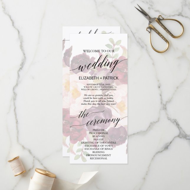 Elegant Calligraphy | Faded Floral Wedding Program Programme (Front/Back In Situ)